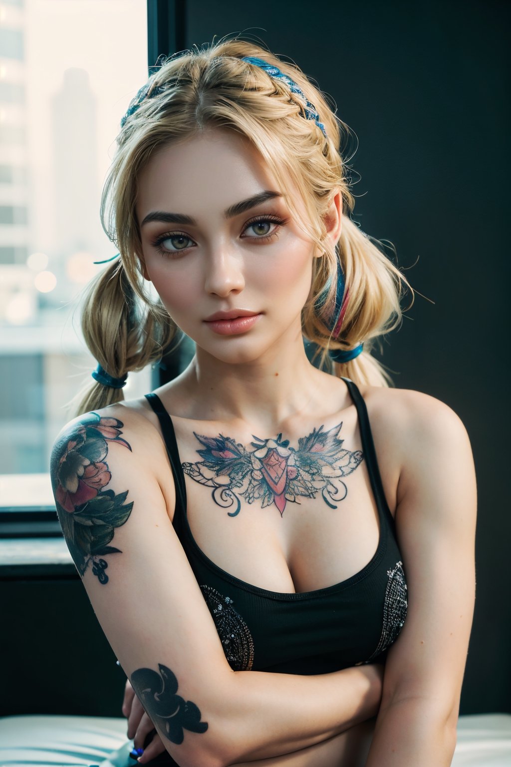 Generates a high quality image, masterpiece, extreme details, ultra definition, extreme realism, high quality lighting, 16k UHD, a beautiful young woman, blonde hair with pigtails, delicate makeup, tank top with straps, ((side pose showing the arm)), (detailed and intricate colorful tattoo of a mermaid on her arm), half body image, ,1 girl