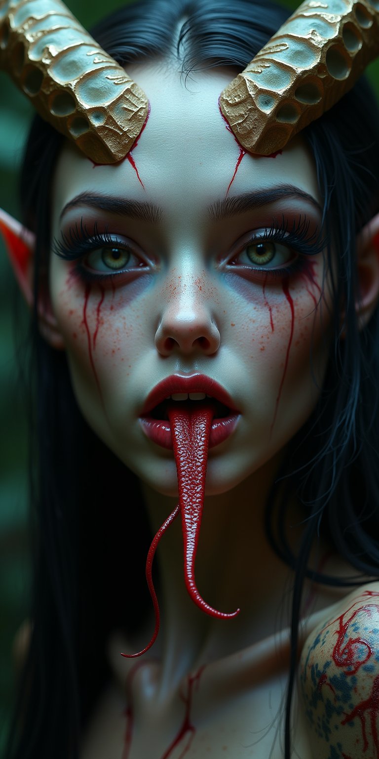 a beautiful female demon worthy of a scene from a sci-fi horror movie, beautiful detailed eyes, beautiful detailed red lips, extremely detailed face and eyes, long eyelashes, long snake-like tongue, intricate insect-like features, bright compound eyes, vibrant colors, dramatic lighting, cinematic atmosphere, 32k, high quality, masterpiece, white skin (veins protruding from the skin on her face), full body view, Fantasy detailers 