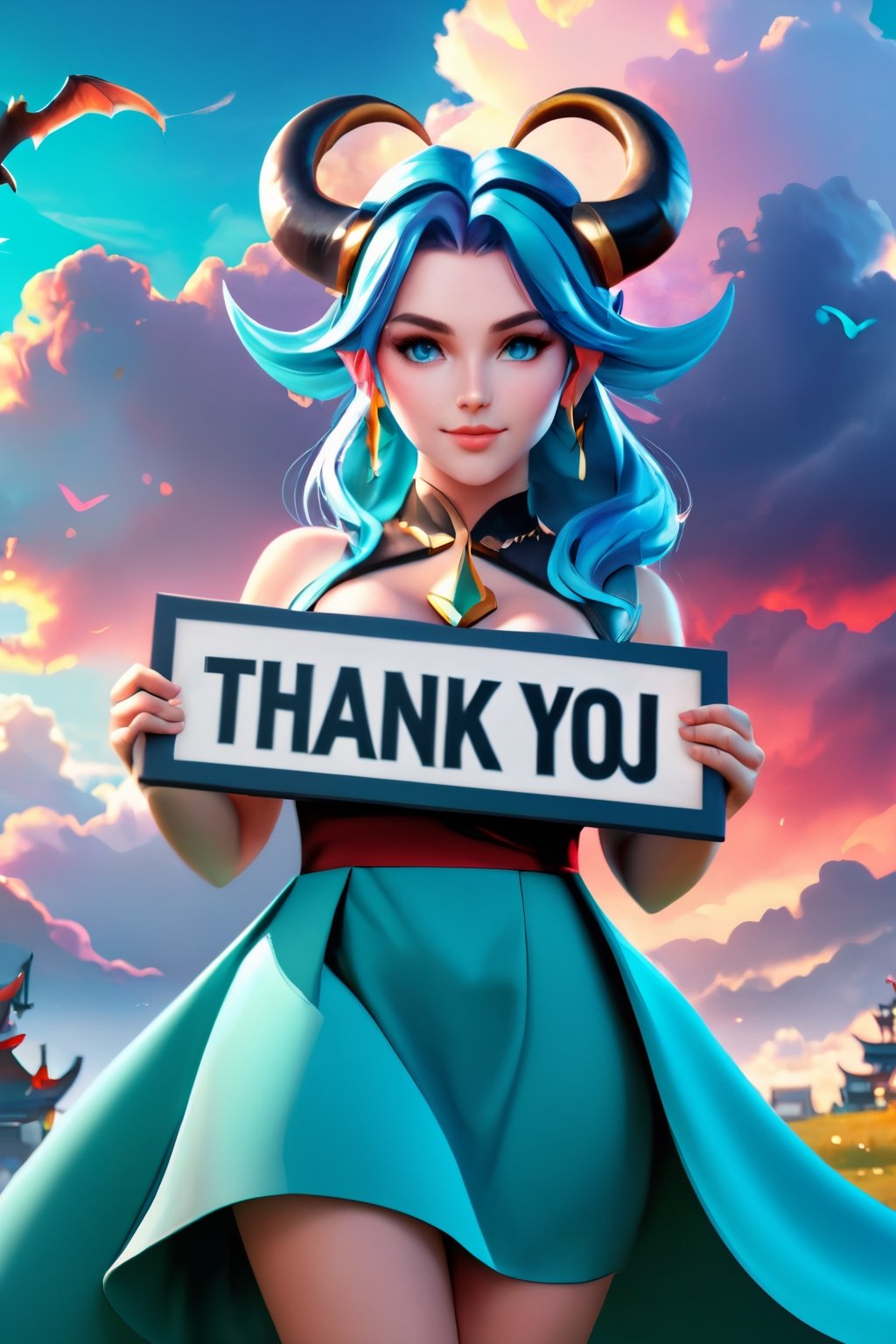 creates a high quality image, extreme details, ultra definition, extreme realism, 16k UHD,
Holding a sign text "Thank you 10K", a girl, big breasts, horns, teal hair, light blue eyes, genshin impact style dress, reddish sky, black clouds, diffuse light, mythological atmosphere,Text,text as "", 3D SINGLE TEXT,masterpiece