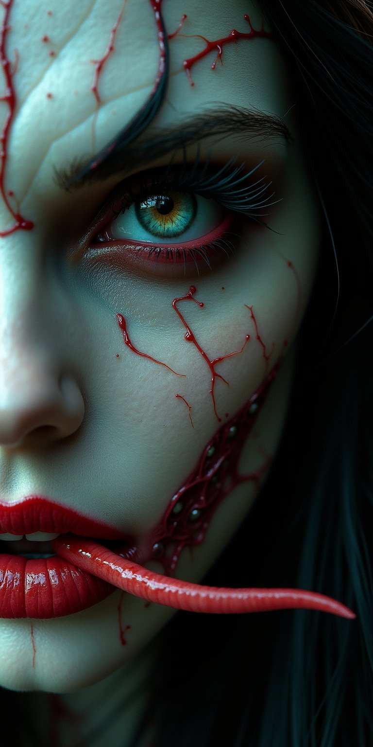 a beautiful female demon worthy of a scene from a sci-fi horror movie, beautiful detailed eyes, beautiful detailed red lips, extremely detailed face and eyes, long eyelashes, long snake-like tongue, intricate insect-like features, bright compound eyes, vibrant colors, dramatic lighting, cinematic atmosphere, 32k, high quality, masterpiece, white skin (veins protruding from the skin on her face),Fantasy detailers 