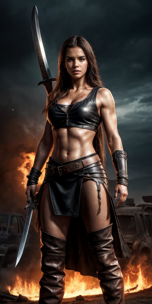 Create a high quality image, extreme details, ultra definition, extreme realism, high quality lighting, 16k UHD, a muscular Mad Max style female warrior, ((long hair)), skin mark for the battles, wielding a large sword, leather clothes, post apocalyptic abyss of background,  flames