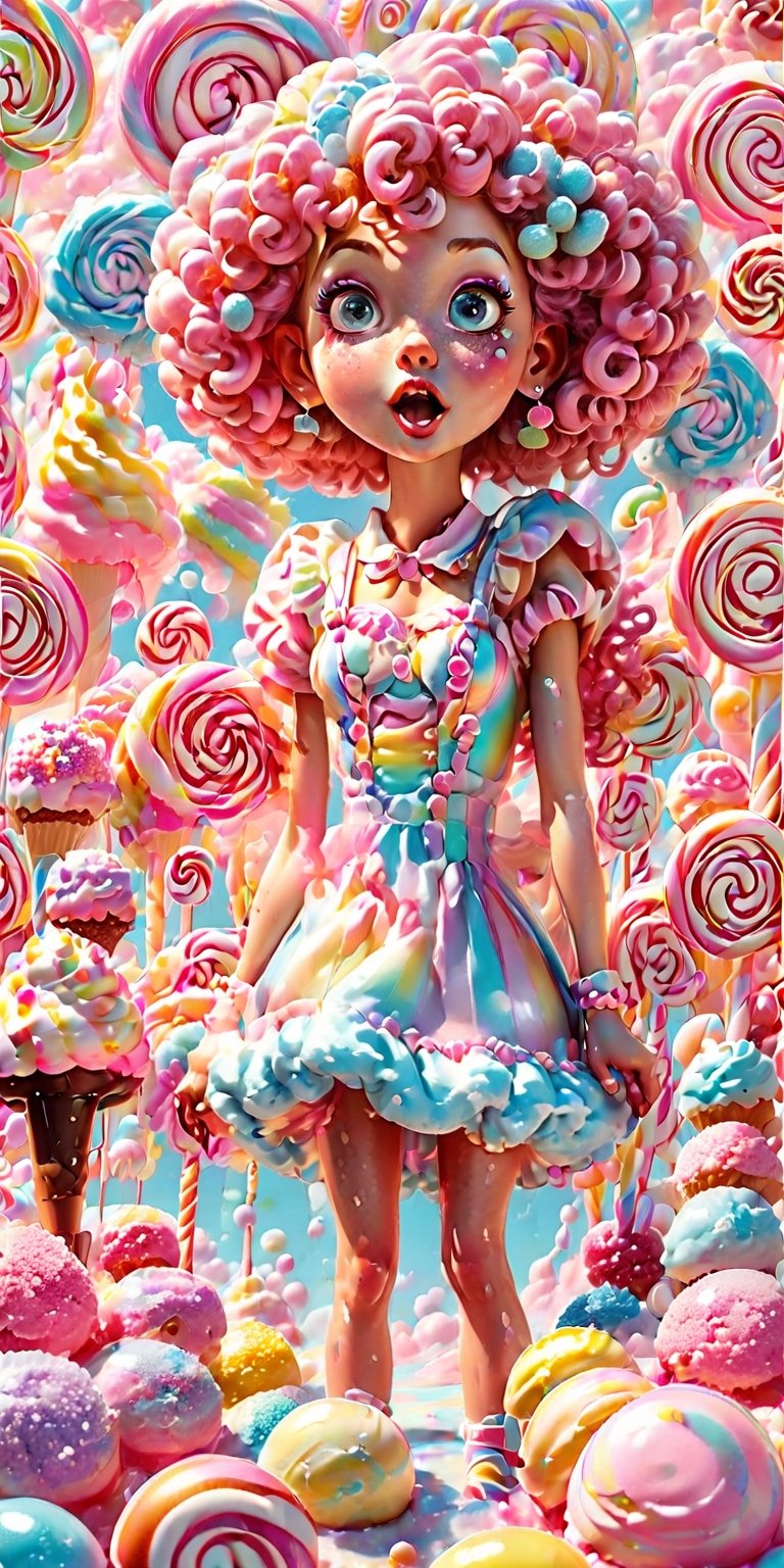 beautiful kawaii naughty girl, hyper detailed, cotton candy curly hair, candy freckles, bright makeup, holographic transparent candy dress, close-up portrait, highly detailed illustration, candyland character design, surrounded by swirls of ice cream and cream butter Pale pastel colors, bubblegum bubbles, gradient background. the candy girl