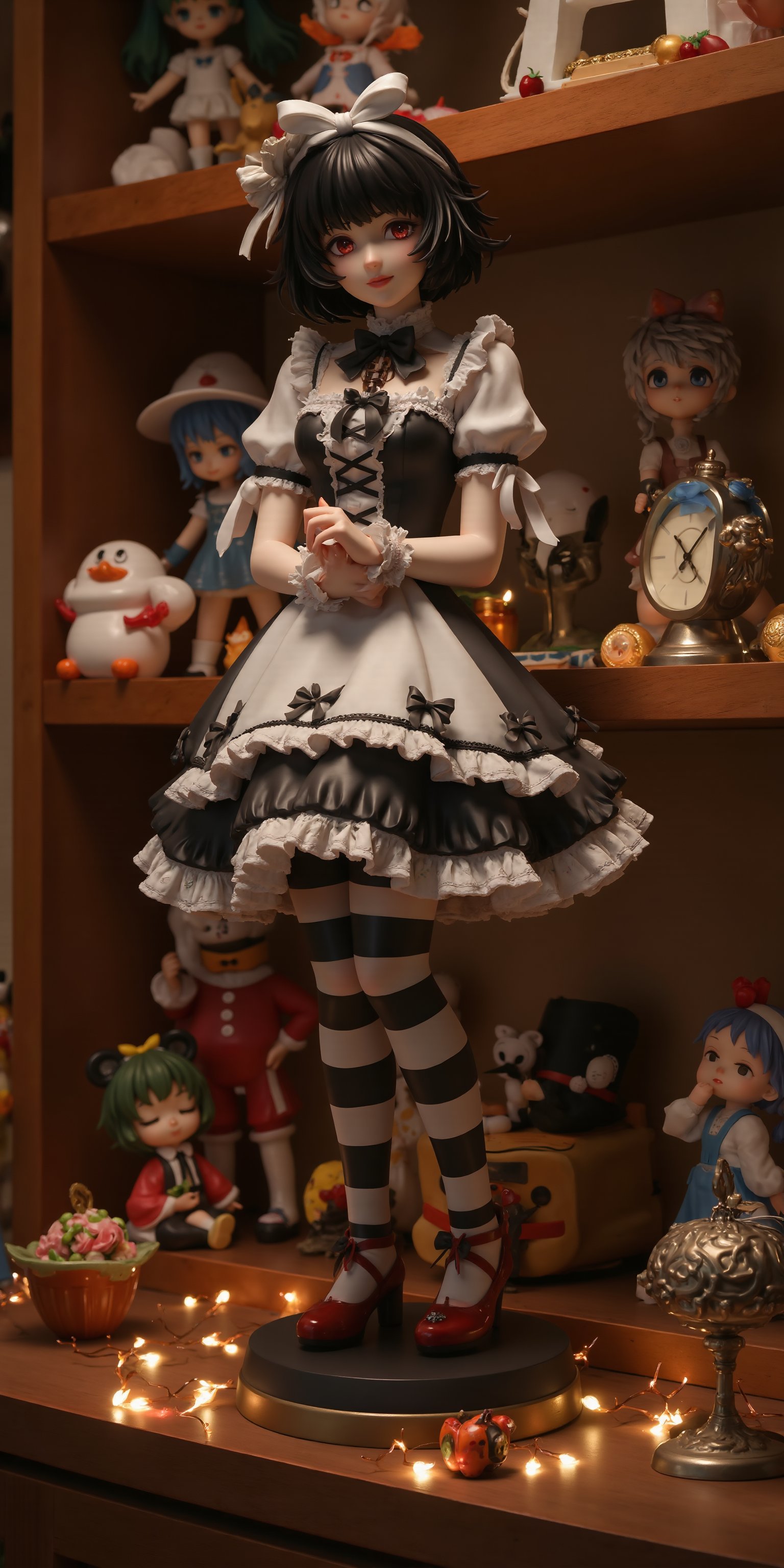 A detailed display of a Gothic Lolita anime resin figure resembling Haruhi Suzumiya standing on a shelf for exhibition. The figure is wearing a black and white frilly dress with lace and bows, striped stockings, and red shoes. The shelf is made of polished wood, with soft lighting emphasizing the delicate details of the figure. In the background, other anime figures and decorations are faintly visible, but the focus is entirely on the Gothic Lolita figure. The room is softly lit, giving the display a warm and inviting atmosphere, perfect for an anime fan's collection