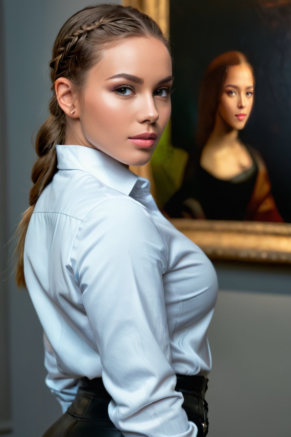 Create a very high quality image, extreme realism details, ultra definition, 16k UHD, girl, 19 years old, photorealistic, hyper realistic, sharp focus, masterpiece, white open shirt, tight black leather pants, black boots, perfect butt, BREAK, looking sideways at the camera, emphasizing her beautiful body, view total of the environment, in an art museum, dim lighting  , ((extreme quality real textured skin)) , ((straight hair)), intricately detailed, perfect anatomy, perfect female body, large breasts, slim face with beautiful cheekbones, perfectly beautiful model face (intricately detailed eyes), realistic eyes, finely detailed pupils (light blue eyes), detailed lips, delicate and perfect makeup, detailed nose, blonde hair with two braids,