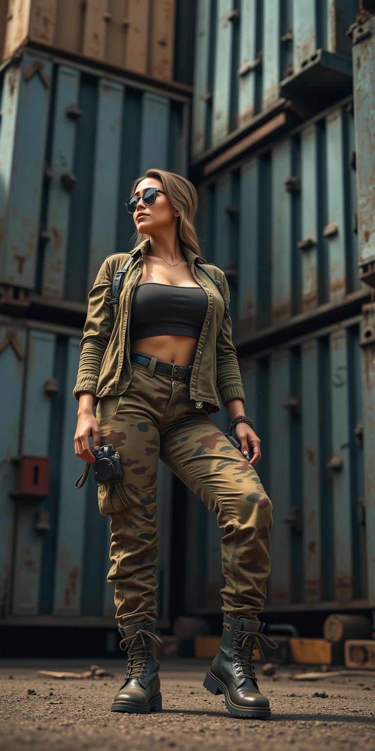 A fierce young woman with a military style, standing in an industrial setting with large metal containers behind her. She is wearing a camo-print jacket, cargo pants, and combat boots, with a belt and aviator sunglasses. The industrial area is filled with heavy machinery and rusted metal. The camera uses a low-angle shot with a 35mm lens, giving her a commanding presence in the frame. The lighting is harsh and direct, casting strong shadows that highlight the ruggedness of her outfit and the toughness of the setting. The image is in 4K resolution, capturing the gritty details of her military-inspired clothing and the raw, industrial environment, ek_ph0t0_b00ster