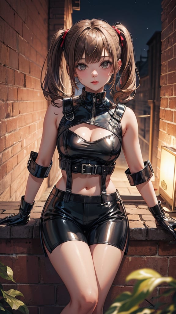 Creates a high quality image, extreme detail, ultra definition, extreme realism, high quality lighting, 16k UHD, one girl, brown hair with two pigtails, (black latex top, latex shorts), sitting on brick wall, night party