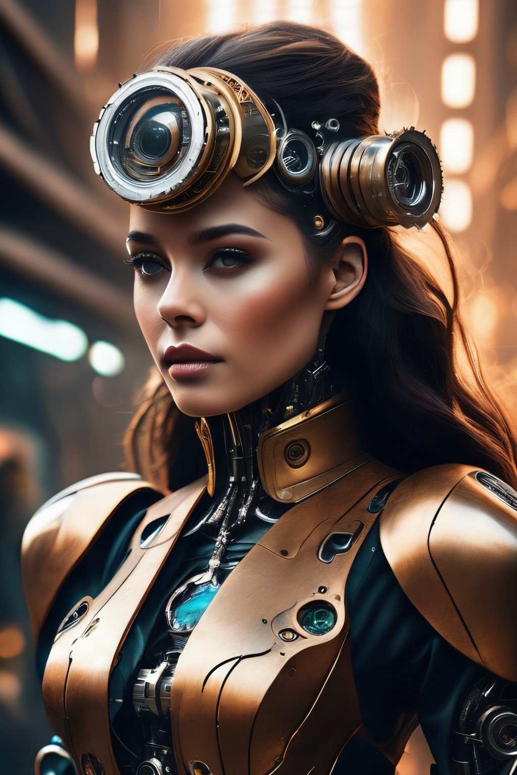 Generates a close-up portrait, a high quality image, a masterpiece, extreme details, ultra definition, extreme realism, high quality lighting, 16k UHD, a fusion between machine and organism, a biomechanical woman, steampunk elements with human tissues in A creation of science fiction and horror