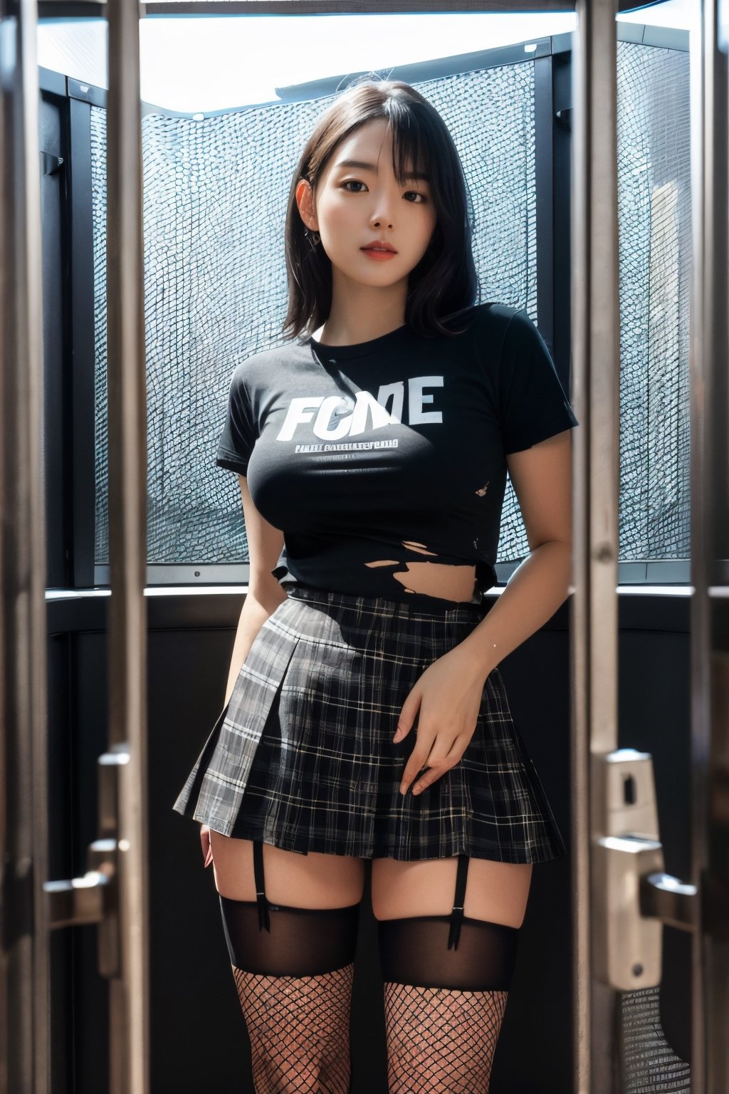 [masterpiece], very high quality image, extreme details of realism, ultra definition, 16k UHD, darl girl, black hair, dark makeup, big breasts, plaid skirt, black ripped t-shirt, torn fishnet stockings, in a dingy enclosure, 