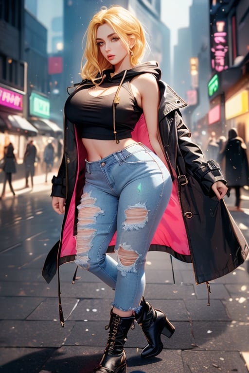  ((deep violet eyes)), slender waist, well-toned body, ((Black waterproof trench coat with a cinched waist)). (((bold neon cropped hoodie under coat))), ((high-waisted ripped jeans)), chunky platform boots. masterpiece, {{{best quality}}}, (illustration), {{{extremely detailed CG unity 8k , Brilliant light, cinematic lighting, long_focus, Women, fully_dress , with huge boobs, High detailed , looking_at_viewer, ((cascade lustrous light golden hair)), smooth forehead, delicately arched eyebrows, enchanting violet eyes, rosy flushed cheeks, elegantly sculpted nose, full and perfectly shaped lips with a natural pink hue, perfect well-toned athletic body, divinely sculpted figure, statesque height, long legs, pronounced delicate hourglass shape. 11/20 waist-to-hip ratio, 19/20 bust-to-hip ratio, wide hips, big round bubble butt, massive augmented breasts, breasts sized like hips, jj-cup boobs, 1 girl, voluptuous, realistic figure, statesque tall, fit sculpted long legs, slender fit girl, ,edgADC_fashion