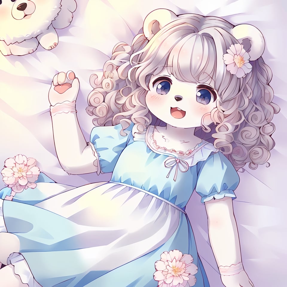 (1girl, furry girl,maternal,cute, A curvy polar bear woman with tolerance, Fluffy, Curly hair),pale pastel flower dress, (stuffy, round face),(((1girl is loli,children)),ignorance,Stupid),open mouth