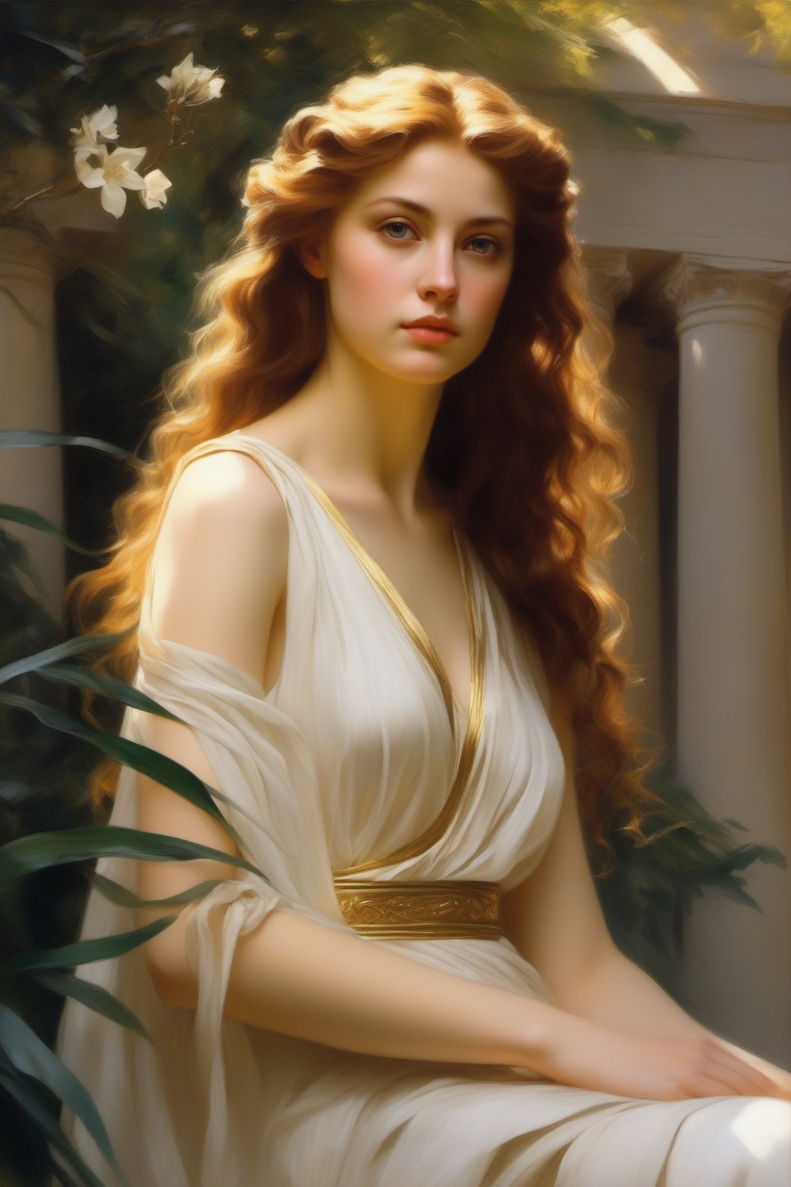 1female, 1wman, closeup, eye level angle, pale skin, masterpiece,highest quality,high quality, Greek Goddess,tan_skin, bright botanical_background, realistic photo,realistic, Oil Painting,art by sargent