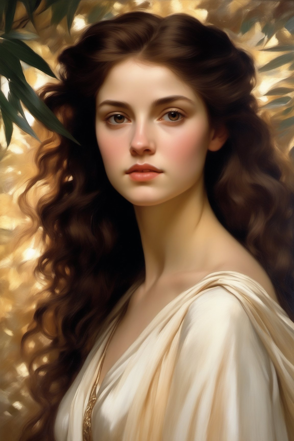 1female, 1wman, closeup, eye level angle, pale skin, masterpiece,highest quality,high quality, Greek Goddess, brown_hair, tan_skin, bright botanical_background, realistic photo,realistic, Oil Painting,art by sargent