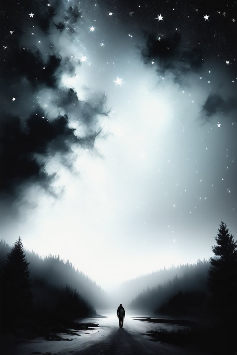 illustration of a starry night sky. Star details, Minimalist, hazy, grey and white, high contrast, cinematic, muted tones, no people


