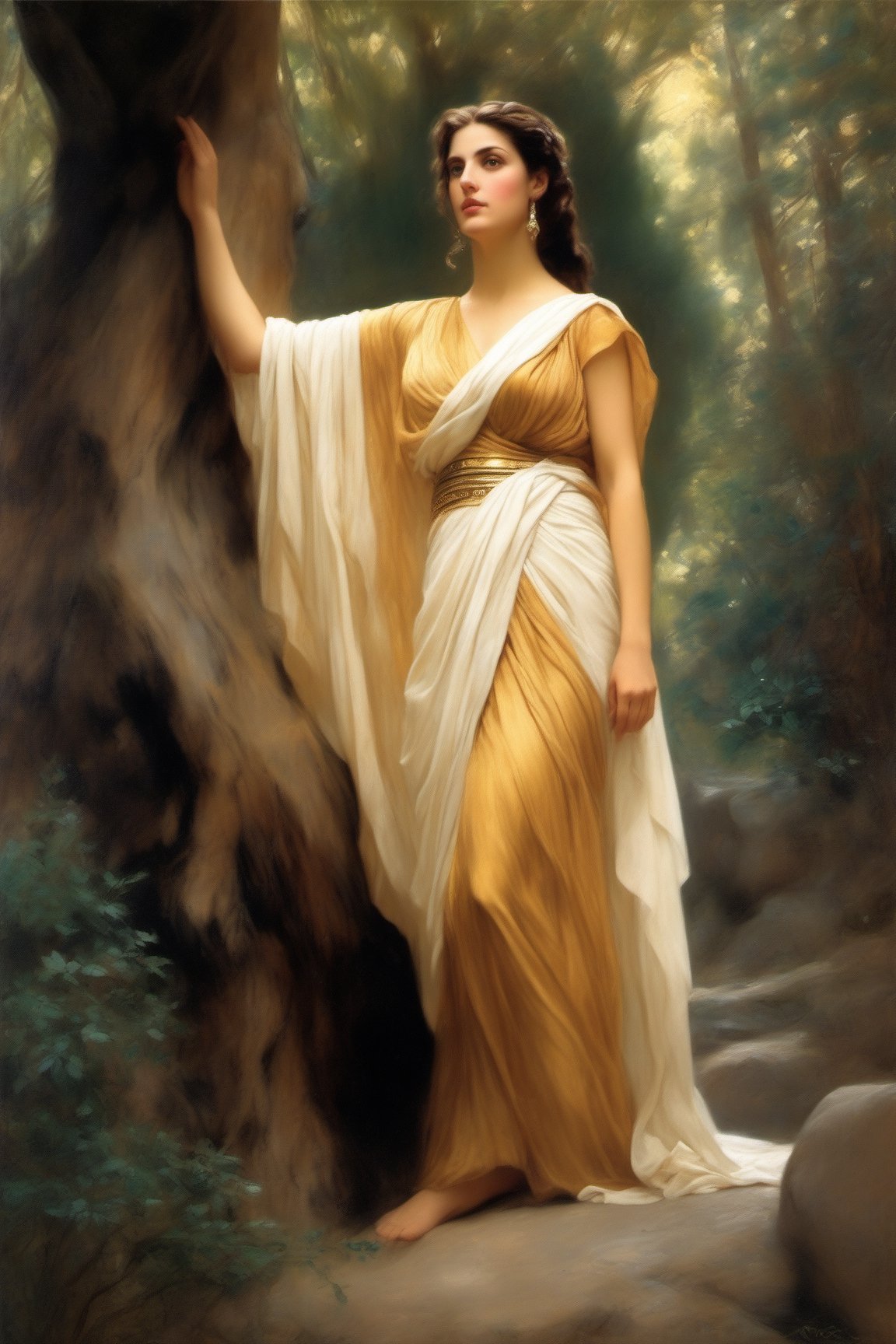 1female, 1woman, eye level angle, masterpiece,highest quality,high quality, Greek Goddess, Ancient Greek woman, full modest Ancient Greek dress, fully covered, forest detailed intricate background, realistic photo,realistic, Oil Painting,art by sargent