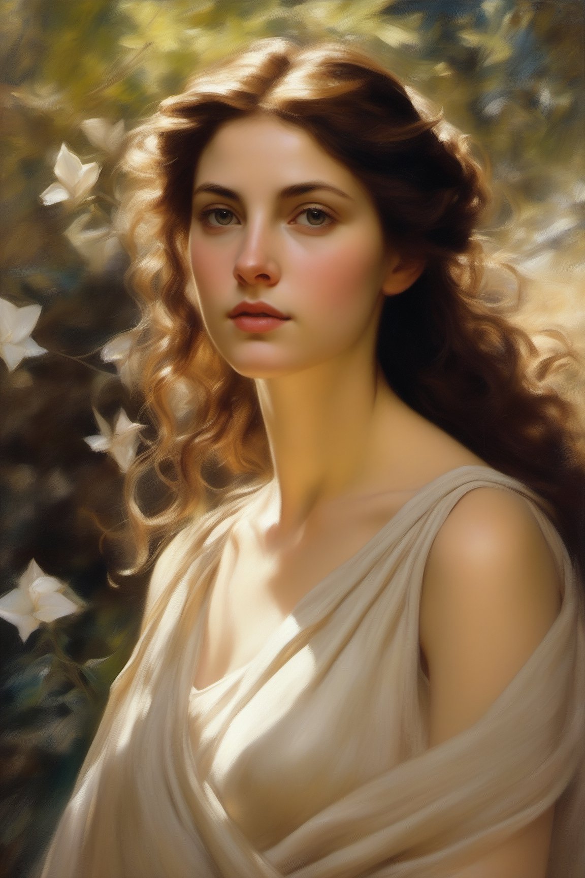 1female, 1wman, closeup, eye level angle, pale skin, masterpiece,highest quality,high quality, Greek Goddess, brown_hair, tan_skin, bright botanical_background, looking off to the side, realistic photo,realistic, Oil Painting,art by sargent