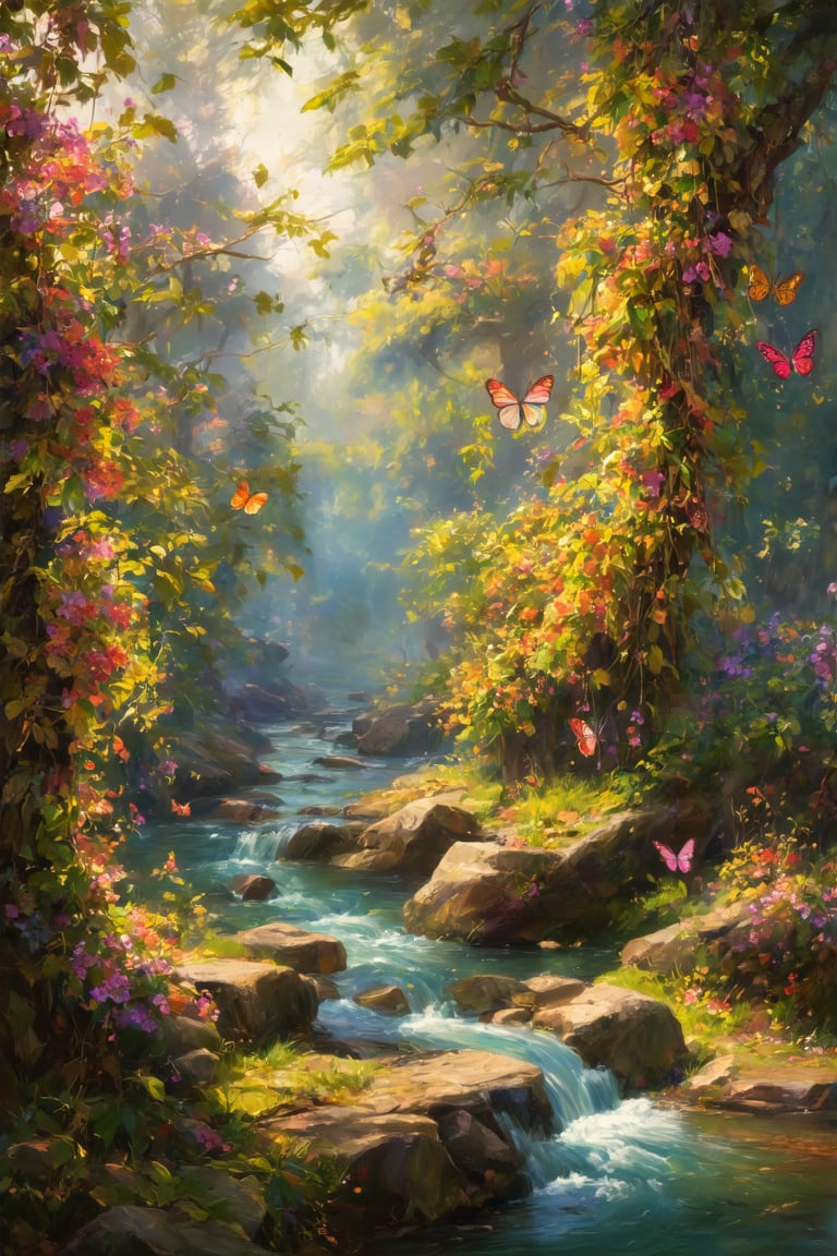 cinematic photo Wide angle oil painting, (Elaborate fantasy realms blending reality:1.3), Asymmetrical composition, Spellbinding landscapes, Rich colors, (Impeccable attention to detail:1.2), Enchanted forests, wines with flowers hanging from the trees, a small stream flowing, colourful butterflies, gloomy atmosphere, Whimsical allure, Radiant harmonies, (Cinematic 4K detail:1.3), Ultra-detailed storytelling, HDR richness. 35mm photograph, film, bokeh, professional, 4k, highly detailed