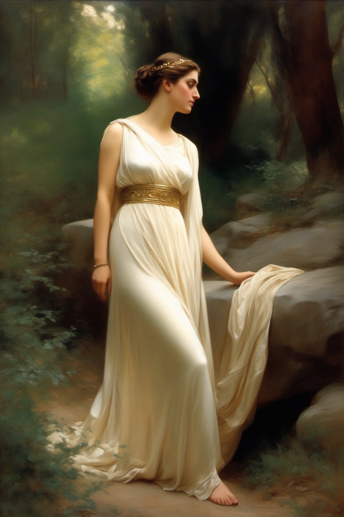 1female, 1woman, eye level angle, masterpiece,highest quality,high quality, Greek Goddess, full modest Ancient Greek dress, fully covered, forest detailed intricate background, realistic photo,realistic, Oil Painting,art by sargent