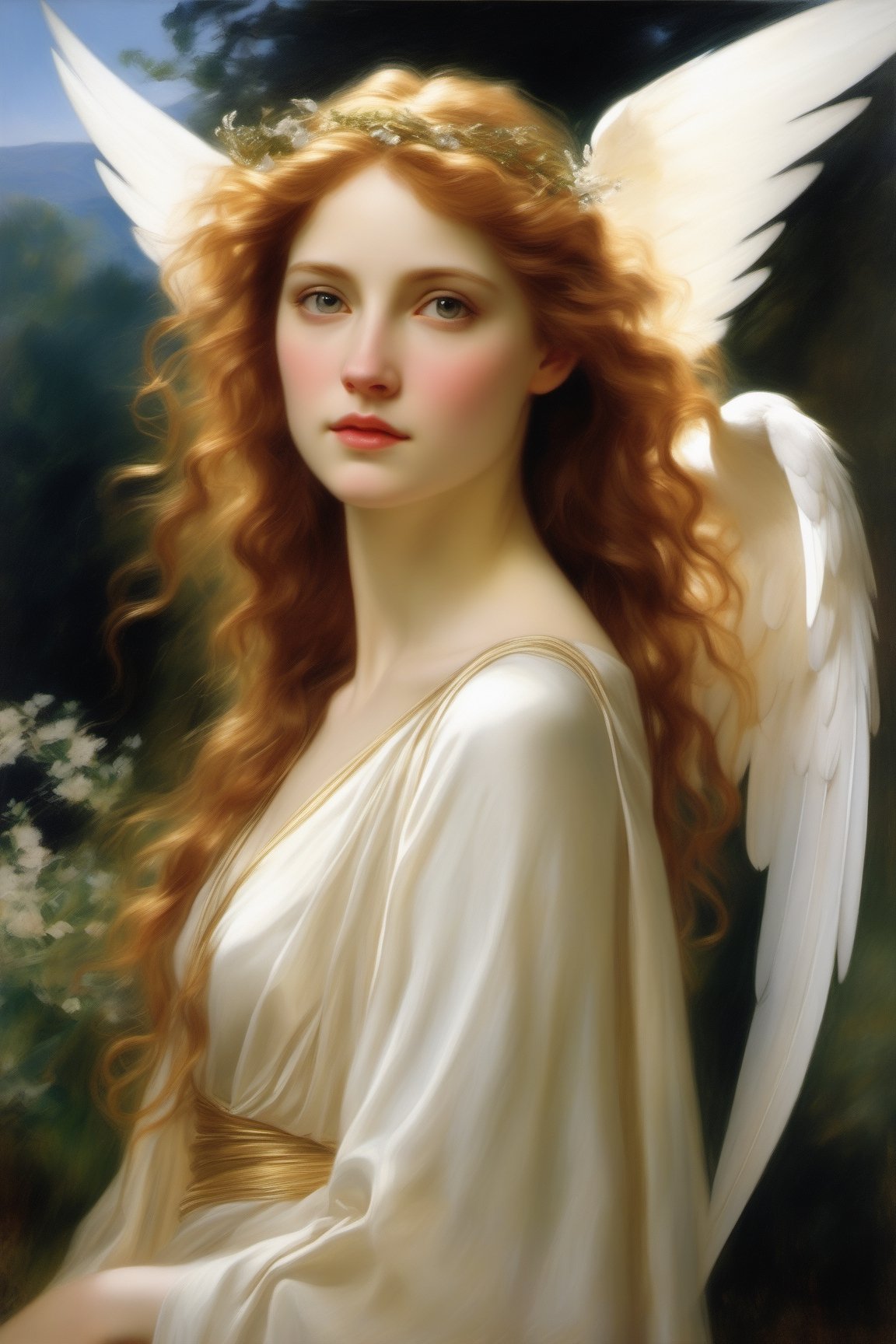 1female, 1wman, closeup, eye level angle, pale skin, masterpiece,highest quality,high quality, Greek Goddess, with bright white wings on back, bright botanical_background, realistic photo,realistic, Oil Painting,art by sargent