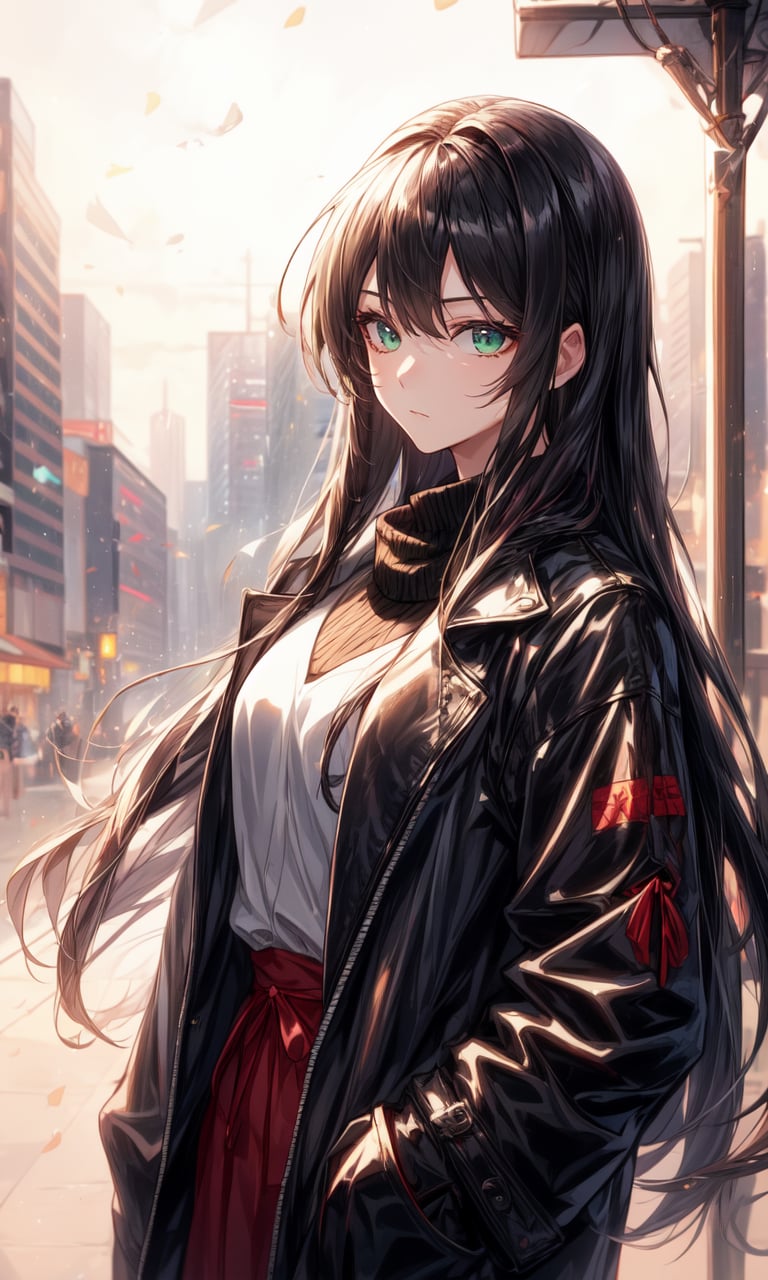 1 girl, long hair, black hair, straight hair, modern city background, beautiful, alternate hairstyle, young looking, young girl, nighttime, casual clothes