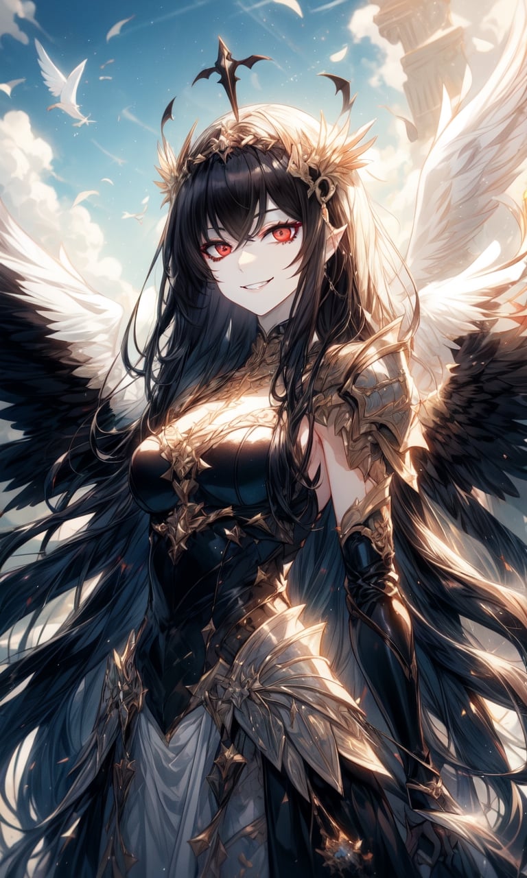 1girl, black hair, pale-white eyes, beautiful, alternate hairstyle, long bangs, pale skin, black tattoos, long hair, sunlight, heaven, black angel wings, multiple wings, fallen angel, black halo above head, dark halo, black wings, white angelic armor, divine armor, sunshine, sunny sky, white greek monuments, showing sky on the background, blue sky, exposed arms, tall girl, mature, older woman, medium breasts, skin tight armor