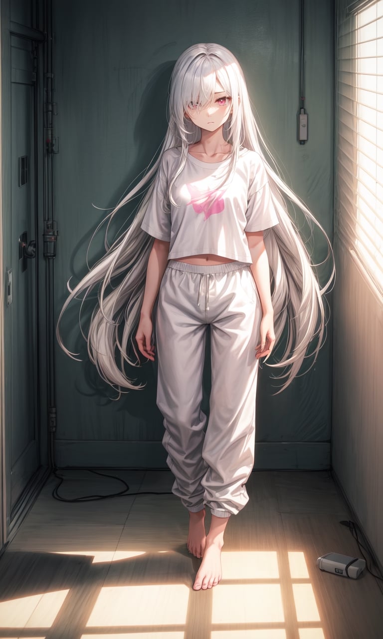1girl, long hair, white hair, straight hair, long bangs, glowing pink eyes, hair covering the right eye, pale skin, beautiful, mental hospital padded room, psychiatric room, white room, alternate hairstyle, white t-shirt, white sweatpants, full body view, barefoot