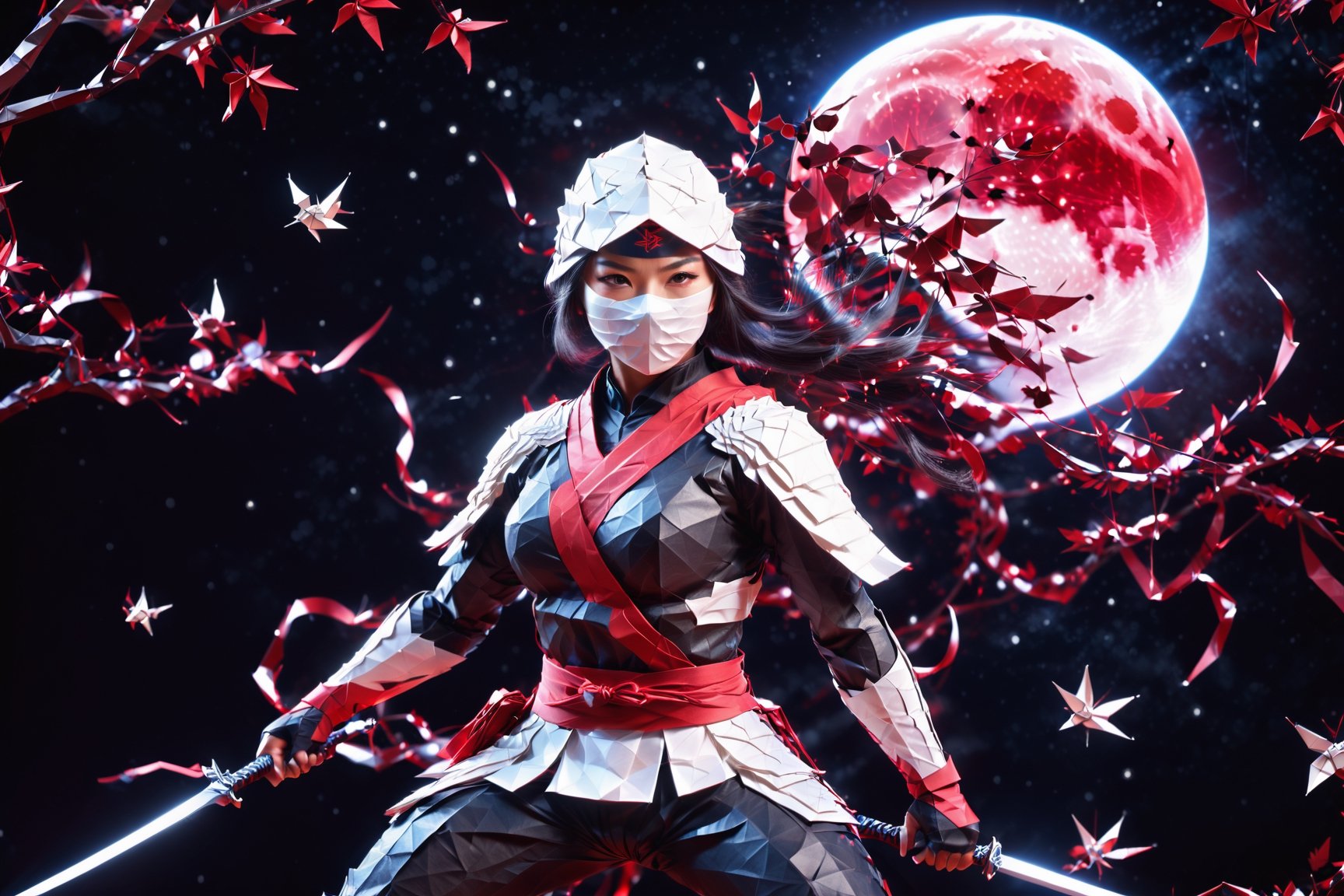 (digital artwork, origami style, female ninja warrior : 1.4), wide shot, (full body:1.45), (tricolor color scheme: black-red-white):1.45, (delicate and complex details: 1.5), highly intricacies, (night sky: 1.2), dry trees, dry leaves, (bright red full moon:1.3), 
(Photorealistic: 1.45), (Ultra Detailed CG Unified 8k Wallpaper: 1.5), Sharp Focus, Beautiful face:, professional photo lighting, super detailed background, detail background, elegant, kinematic,realhands,YAMATO,detailmaster2