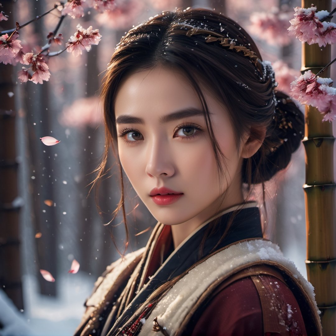 ( 1 girl), wuxia heroine,(falling petals), vintage, bamboo forest, snow, boundless,(Side Shot),(cinematic quality),(photorealistic:1.4),(8k, RAW photo:1.2),(finely detailed beautiful eyes and face), cinematic lighting, Natural Portrait, Top Quality, Masterpiece,(Realistic), Ultra High Resolution, steampunk, Exquisite Details and Texture, dusk,(frown)