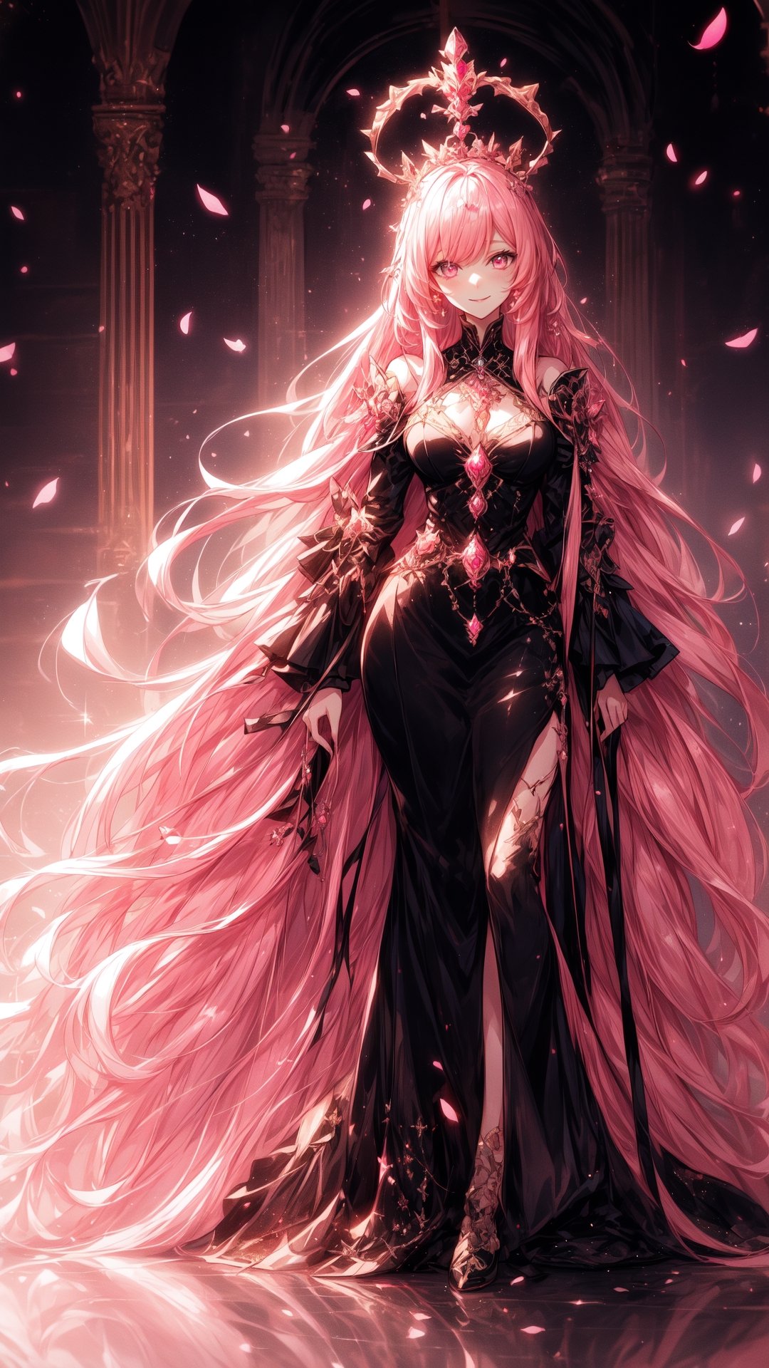 extremely beautiful tall girl, goddess, divine, with long pink hair, losse hair, flowing hair, pink eyes, slitted eyes, detailed face, detailed eyes,skin tight battle outfit, pink halo above her head, pink hair, with a toned body, full body view, sadistic smile, animal eyes, black dress, golden jewelry, pink crystals, royal hall, inside giant castle, pink sky, pink banners, pink tree leaves, pink lights, royal, noble, queen
