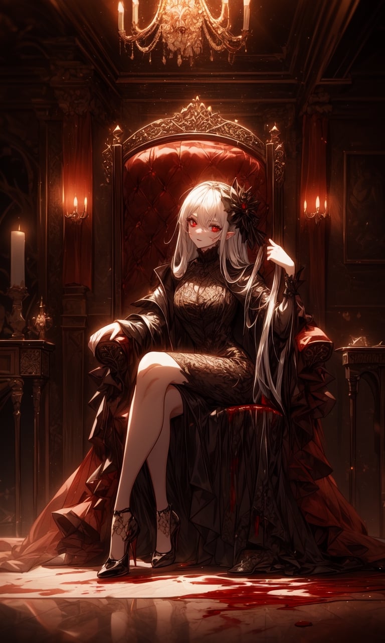 1girl, beautiful, pretty, perfect, dark bown hair, blood-red eyes, gothic architecture, inside antique mansion, fine suit, expensive clothes, noble, demonic royalty, gargoile, dark background, wooden furniture, old mansion, giant hall, short dress, high heels, leaning on an chair