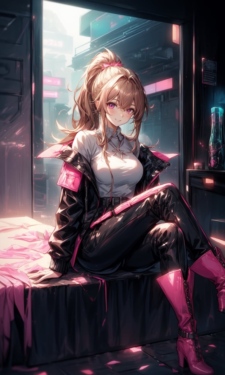 1girl, beautiful, pretty, light-brown hair with pink meshes, pink eyes, outside room, sitting on the bed beside the window, futuristic city, cyberpunk, technological, dark room, neon city lights on the outside, night, night sky, tall woman, mature woman, white boots, ponytail, black shirt covering neck, cargo pants, black collar, cybernetic arms