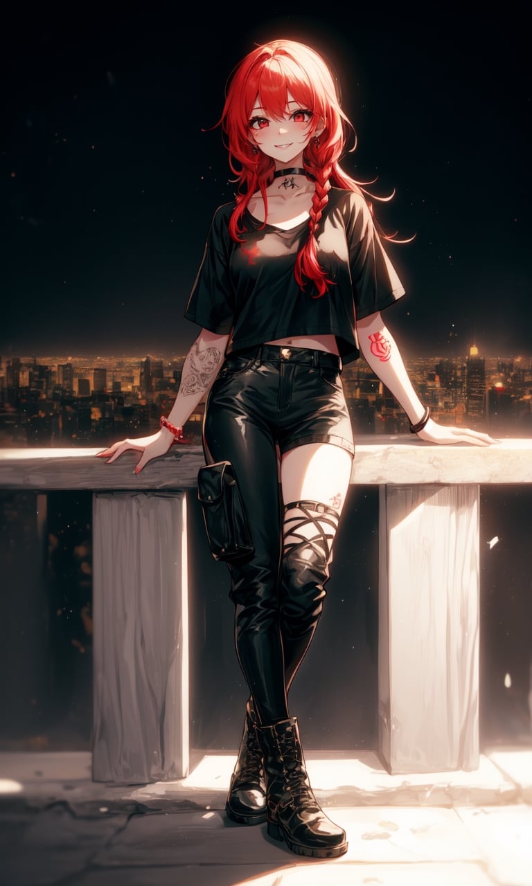 1girl, bright red hair, bright red eyes, beautiful, alternate hairstyle, full body view, night, cute girl, cool pose, black choker, bracelets, ritualistic tattoos, small breasts, night, dark background, sitting on the edge of an tall building, city lights far below, cargo pants, goth boots, white baggy t-shirt, sexy, hot girl, muse, young, teen, short girl, cute girl, twin_braid