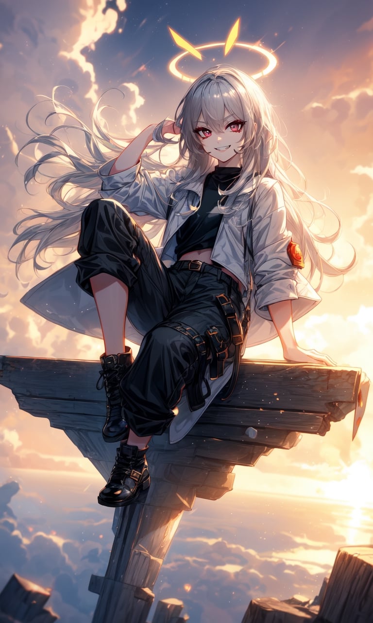 1girl, dark-gray hair, gradient eyes, multicolored eyes, beautiful, alternate hairstyle, short spiked hair, sunset, orange sunny sky, blue sky, full body view, bright background, teen girl, young girl, sitting on the edge of an floating island, island above the clouds, black cropped top shirt, white jacket with red details, black cargo pants, black boots with blue soles, cool girl, cool pose, spiked halo above head