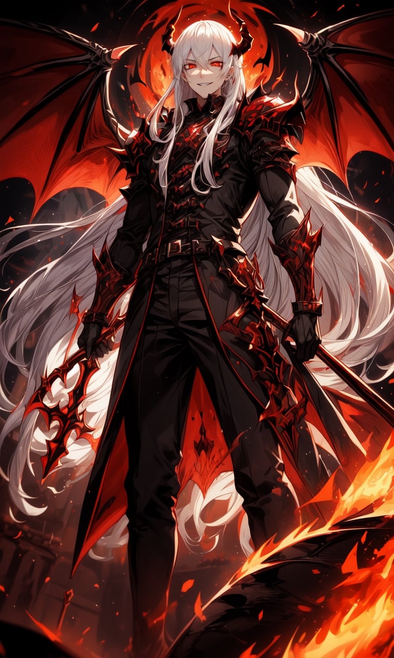 1man, strong, demon king, bright white hair, long straight hair, bright red eyes, demon eyes, hell castle, inferno, fire, pale skin, dragon wings, giant dragon wings, red sky, dark demonic armor, mature man, dark sword