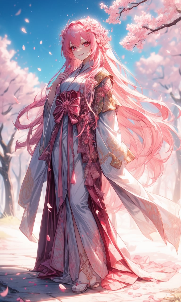 1girl, beautiful, pretty, bright pink hair, long hair, bright pink eyes, sakura tree forest, pink trees background, pink petals falling, pale, white greek robes, short robes, tall girl, divine, goddess, very long straight hair