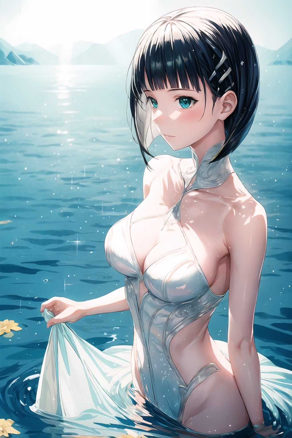 tall and slender, with a graceful bearing, upper_body,  frozen background, light,  sunlight,  magic,  lake,   clothes,  floating_hair,  floating water, water magic,  white armor ornaments,  flowers,  sunshine,  light reflections  ,(suguha:1.4),masterpiece