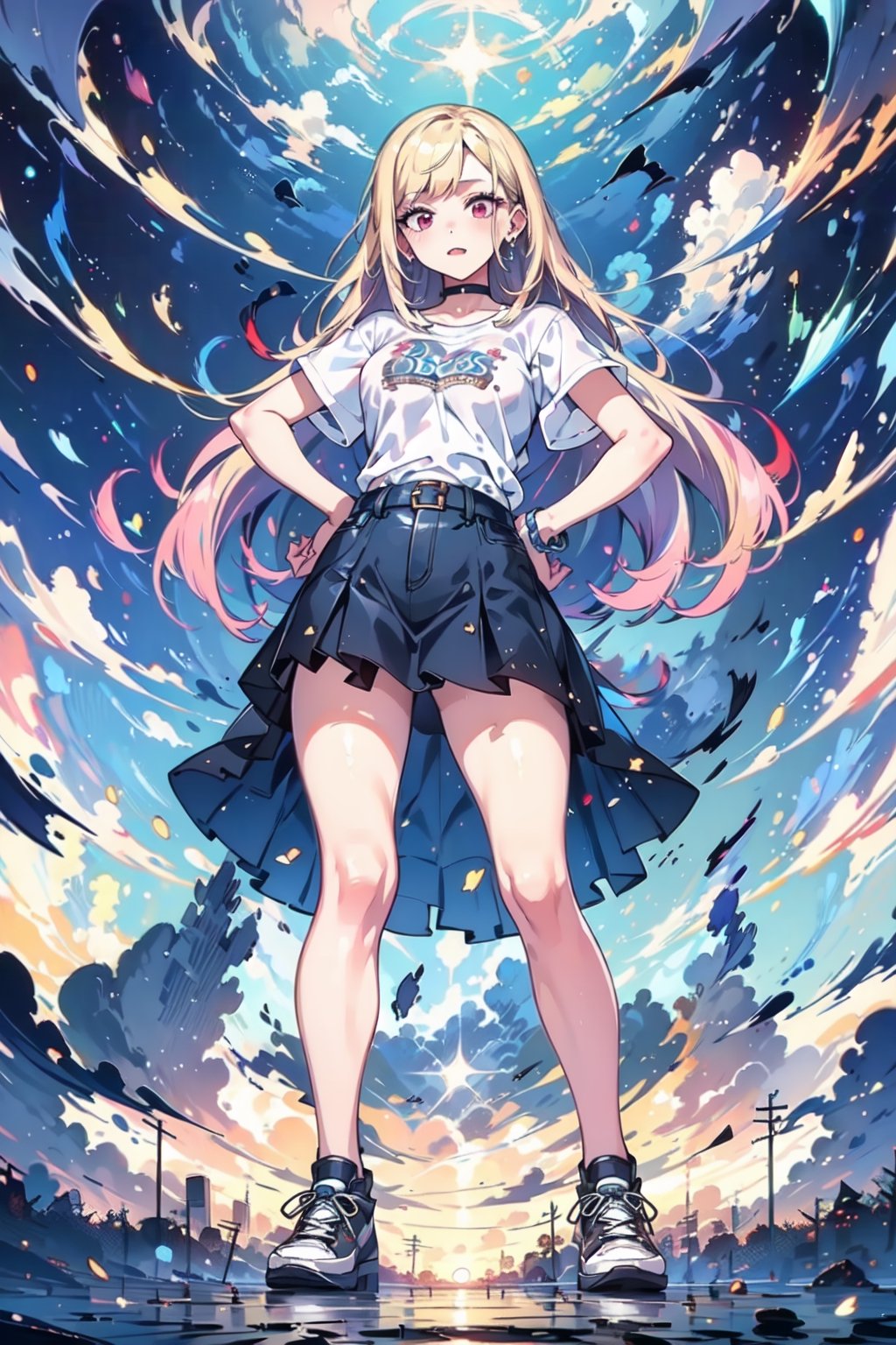 (masterpiece, best quality, highres:1.3), ultra resolution image, wearing white and light blue t-shirt and denim skirt and converse, pose,((Kitagawa marin)) ,High detailed ,perfect,EpicSky