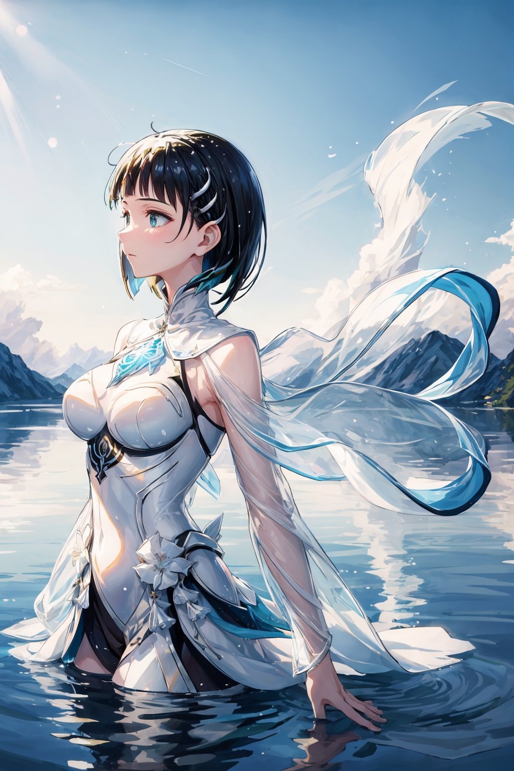 tall and slender, with a graceful bearing, upper_body,  frozen background, light,  sunlight,  magic,  lake,   clothes,  floating_hair,  floating water, water magic,  white armor ornaments,  flowers,  sunshine,  light reflections  ,(suguha:1.4),masterpiece,Colorful