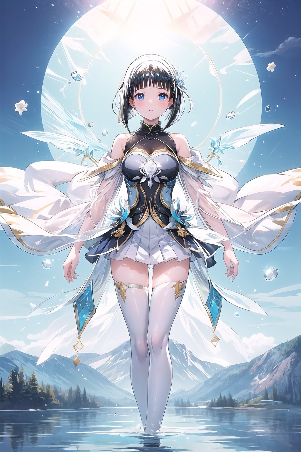 tall and slender, with a graceful bearing, upper_body,  frozen background, light,  sunlight,  magic,  lake,   clothes,  floating_hair,  floating water, water magic,  white armor ornaments,  flowers,  sunshine,  light reflections  ,(suguha:1.4)