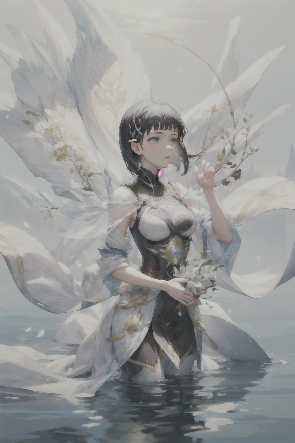 tall and slender, with a graceful bearing, upper_body,  frozen background, light,  sunlight,  magic,  lake,   clothes,  floating_hair,  floating water, water magic,  white armor ornaments,  flowers,  sunshine,  light reflections  ,(suguha:1.4),masterpiece