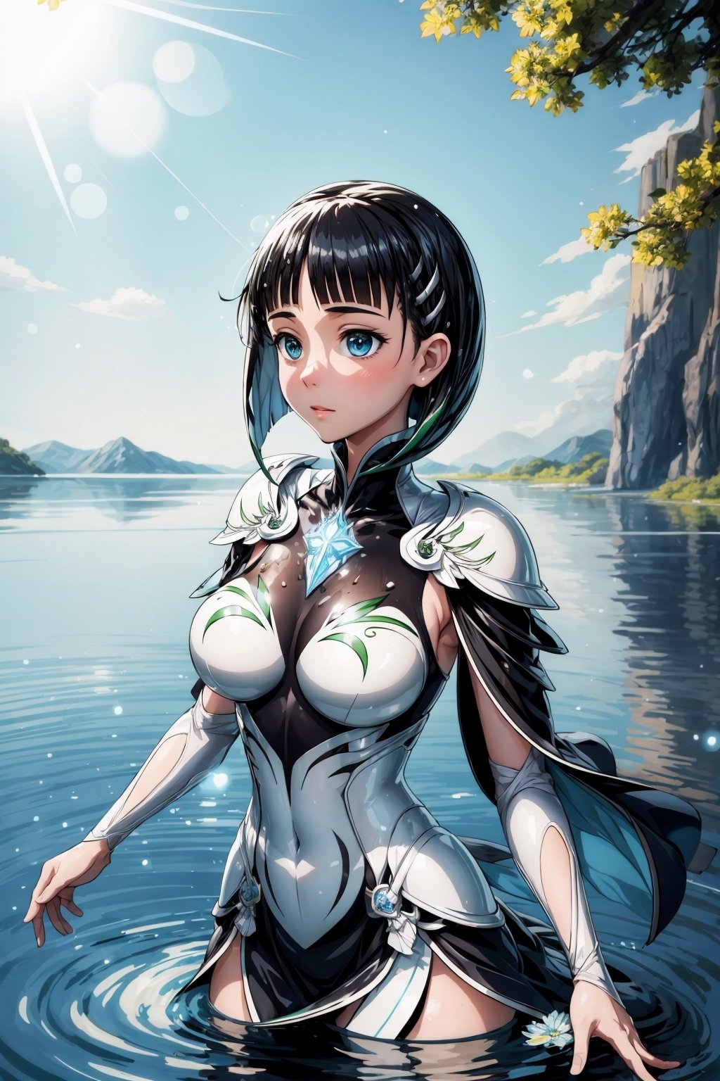 tall and slender, with a graceful bearing, upper_body,  frozen background, light,  sunlight,  magic,  lake,   clothes,  floating_hair,  floating water, water magic,  white armor ornaments,  flowers,  sunshine,  light reflections  ,(suguha:1.4),masterpiece