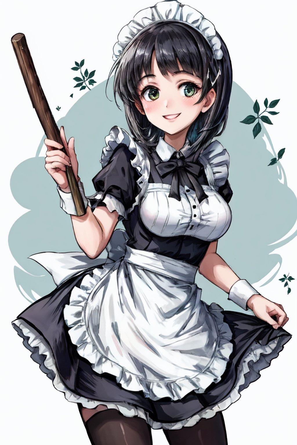 detailed illustration of suguha, a maid and master forger, with a mischievous smile, wearing a frilly maid outfit and holding a hammer and anvil,Maid_Dress,suguha 