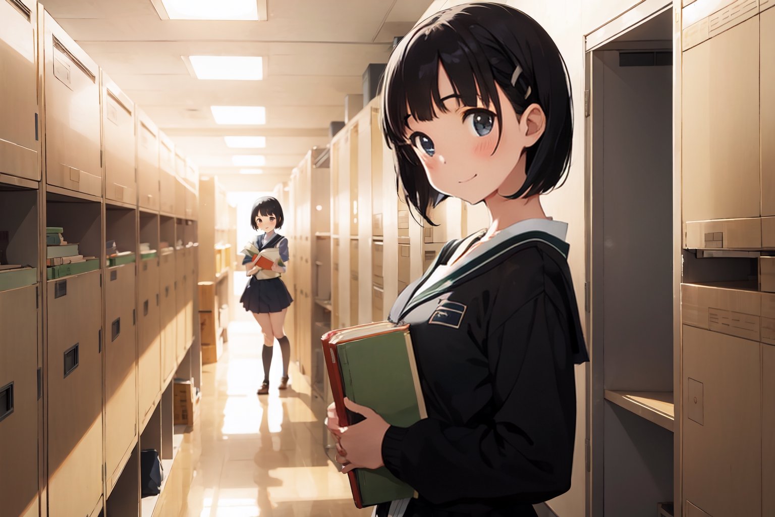 Suguha, a cheerful high school girl with short black hair, wearing a classic Japanese school uniform. She is standing in a school corridor with lockers in the background, holding a stack of books and smiling brightly,breakdomain