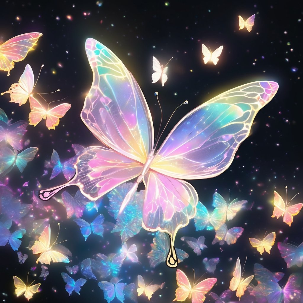 1 white translucent flying butterfly, (holographic iridescent gradient) butterfly wings, white translucent butterfly body, glowing, black background:10, grainy:3, shiny:3, pastel colors:3, colorful (yellow, white, pink), aura_glowing, colored_aura, center of frame, no_human, niji style