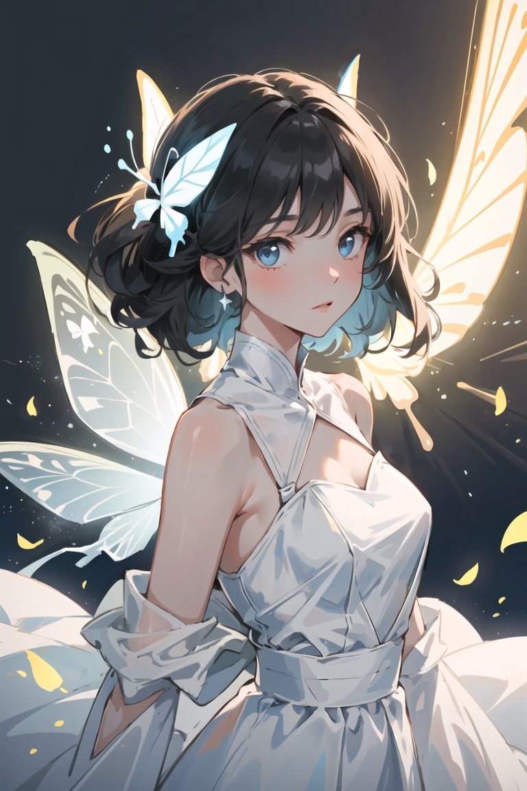 (masterpiece, best quality, high detailed), fairy girl, solo, dark hair, glittering and glowing translucent white dress, translucent white chiffon dress, translucent white dress, butterfly_helmet, upper_body, vibrant colors, aura_glowing, colored_aura, with glowing backlit panels, contrasting shadow, ((depth_of_field)), grainy, shiny, glow surreal objects floating, transparent_butterflies are part of her body