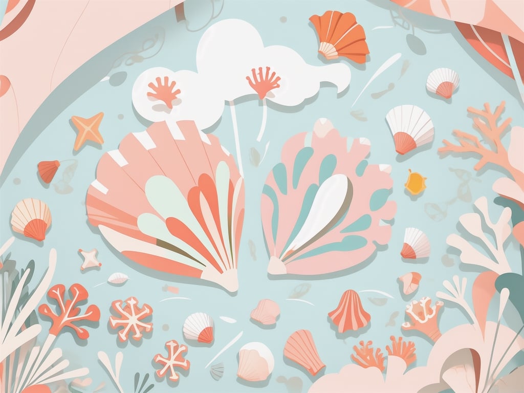 flat vector art, minimalist, isometric, light pink, very light blue, large amount of white, shell,, coral