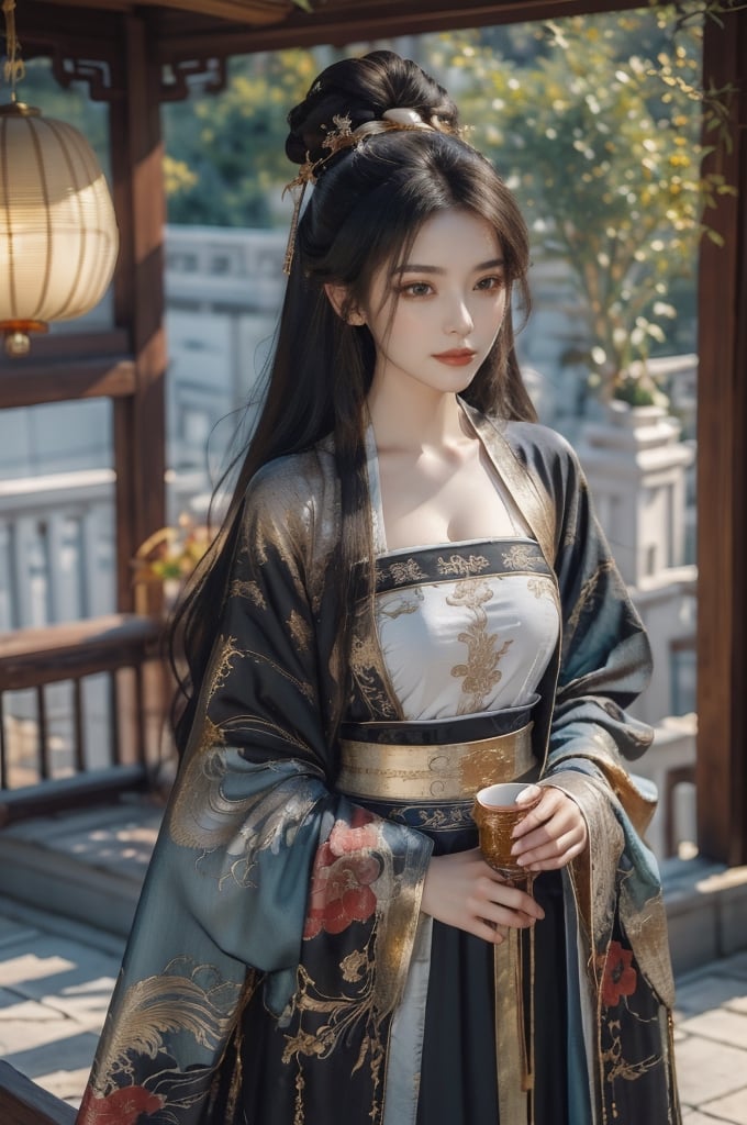 mature, fully clothed, (extremely detailed CG unity 8k wallpaper), ANCIENT_CHINESE_CASTLE_GARDEN_BACKGROUND, (((masterpiece))), (((best quality))), ((ultra-detailed)), (best illustration), long black hair, ambiguous smile, show navel, elegant clothes, fully clothed, ancient chinese cloth, elegant poses, (best shadow), ((an extremely delicate and beautiful)), ((gold-red black theme: 1.5)), high contrast,  Embody the allure of an ancient princesse, exuding beauty, sensuality, and charm. mesmerizing eyes, conveying mystery and allure, elegant and alluring, a slender physique, thin waist, and an aura of mystique, adorned with intricate patterns or ornate details, ink, fujimotostyle, oilpainting, tangdynastyhanfu, chang