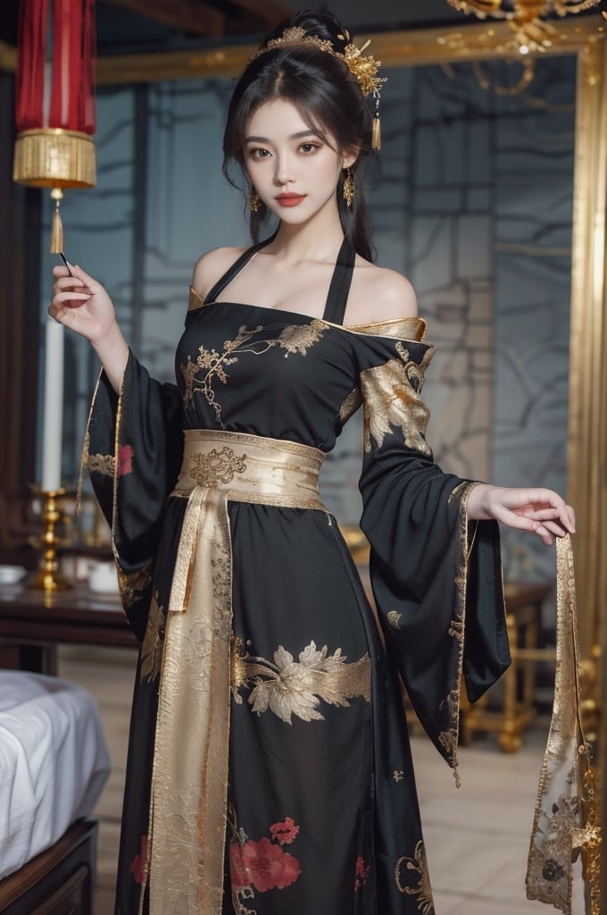 mature, fully clothed, (extremely detailed CG unity 8k wallpaper), ANCIENT_CHINESE_CASTLE_GARDEN_BACKGROUND, (((masterpiece))), (((best quality))), ((ultra-detailed)), (best illustration), long black hair, ambiguous smile, show navel, elegant clothes, fully clothed, ancient chinese cloth, elegant poses, (best shadow), ((an extremely delicate and beautiful)), ((gold-red black theme: 1.5)), high contrast,  Embody the allure of an ancient princesse, exuding beauty, sensuality, and charm. mesmerizing eyes, conveying mystery and allure, elegant and alluring, a slender physique, thin waist, and an aura of mystique, adorned with intricate patterns or ornate details, ink, fujimotostyle, oilpainting, tangdynastyhanfu, chang