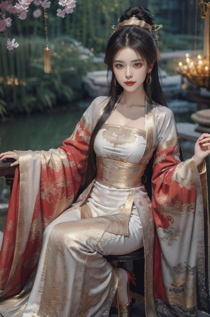 mature, fully clothed, (extremely detailed CG unity 8k wallpaper), ANCIENT_CHINESE_CASTLE_GARDEN_BACKGROUND, (((masterpiece))), (((best quality))), ((ultra-detailed)), (best illustration), long black hair, ambiguous smile, show navel, elegant clothes, fully clothed, ancient chinese cloth, elegant poses, (best shadow), ((an extremely delicate and beautiful)), ((gold-red theme: 1.5)), high contrast,  Embody the allure of an ancient princesse, exuding beauty, sensuality, and charm. mesmerizing eyes, conveying mystery and allure, elegant and alluring, a slender physique, thin waist, and an aura of mystique, adorned with intricate patterns or ornate details, ink, fujimotostyle, oilpainting, tangdynastyhanfu, chang