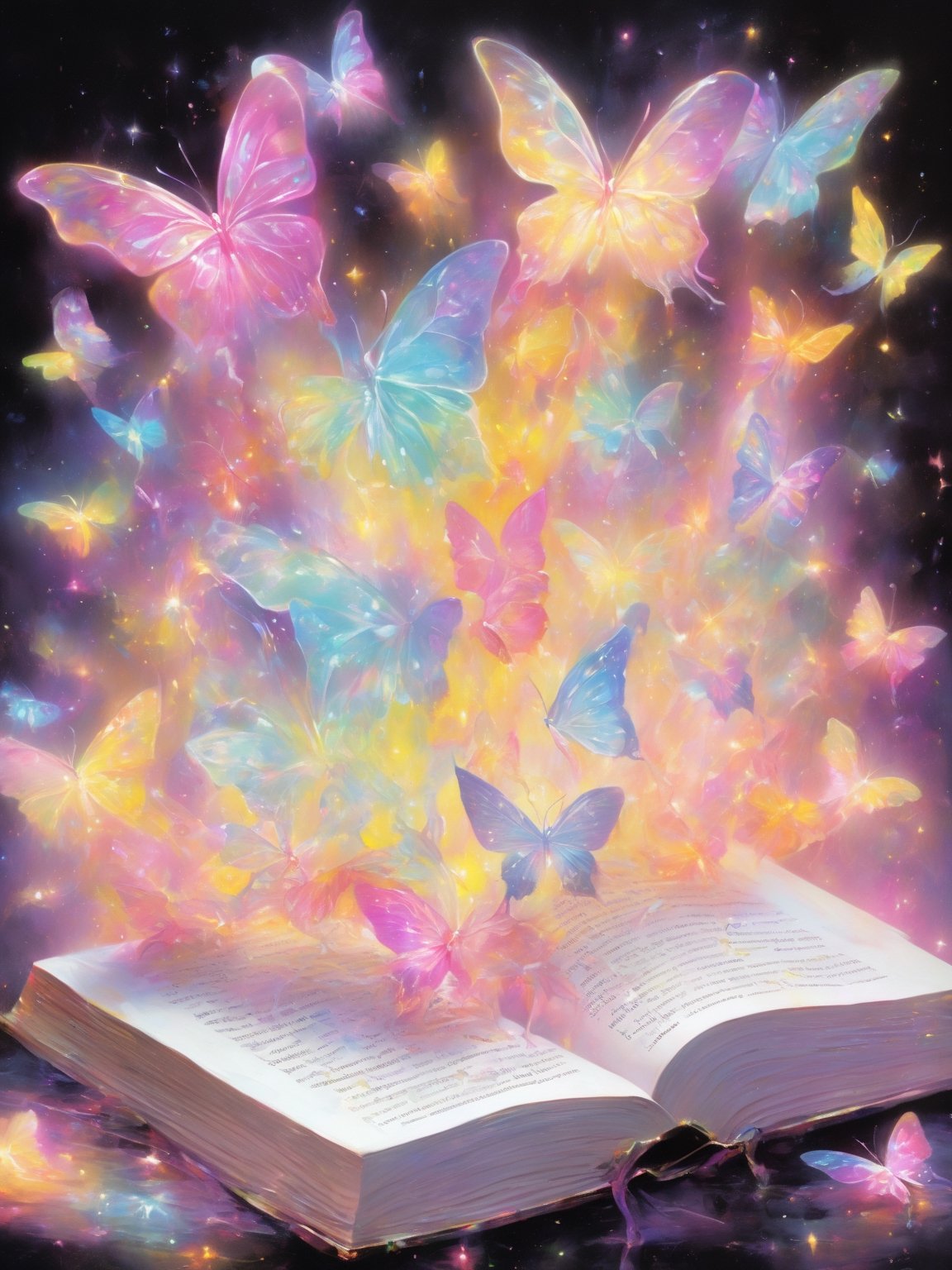 A book of spells with a collection of white translucent butterflyies, (holographic iridescent gradient) butterfly wings, very thin white translucent butterfly thorax, small and abstract buttefly thorax and head, glowing, black background:10, grainy, shiny, pastel colors:3, colorful (yellow, white, pink), aura_glowing, colored_aura, no_human, dripping paint