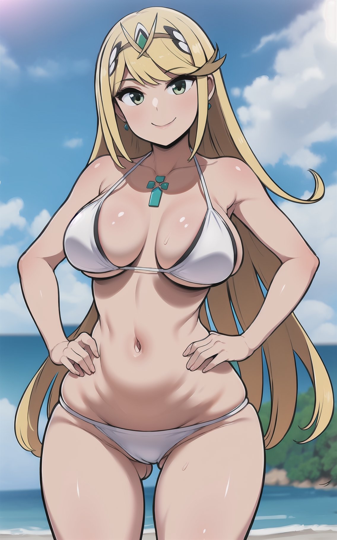 blonde_hair,legs,smile,masterpiece,best quality,ultra detailed,highly detailed, scenery,solo,looking at viewer,mythra \(xenoblade\),sunny day,tiara,cleavage,white bikini,earrings,hands_on_hips,leaning_forward,slim body,large breast, slender thighs 